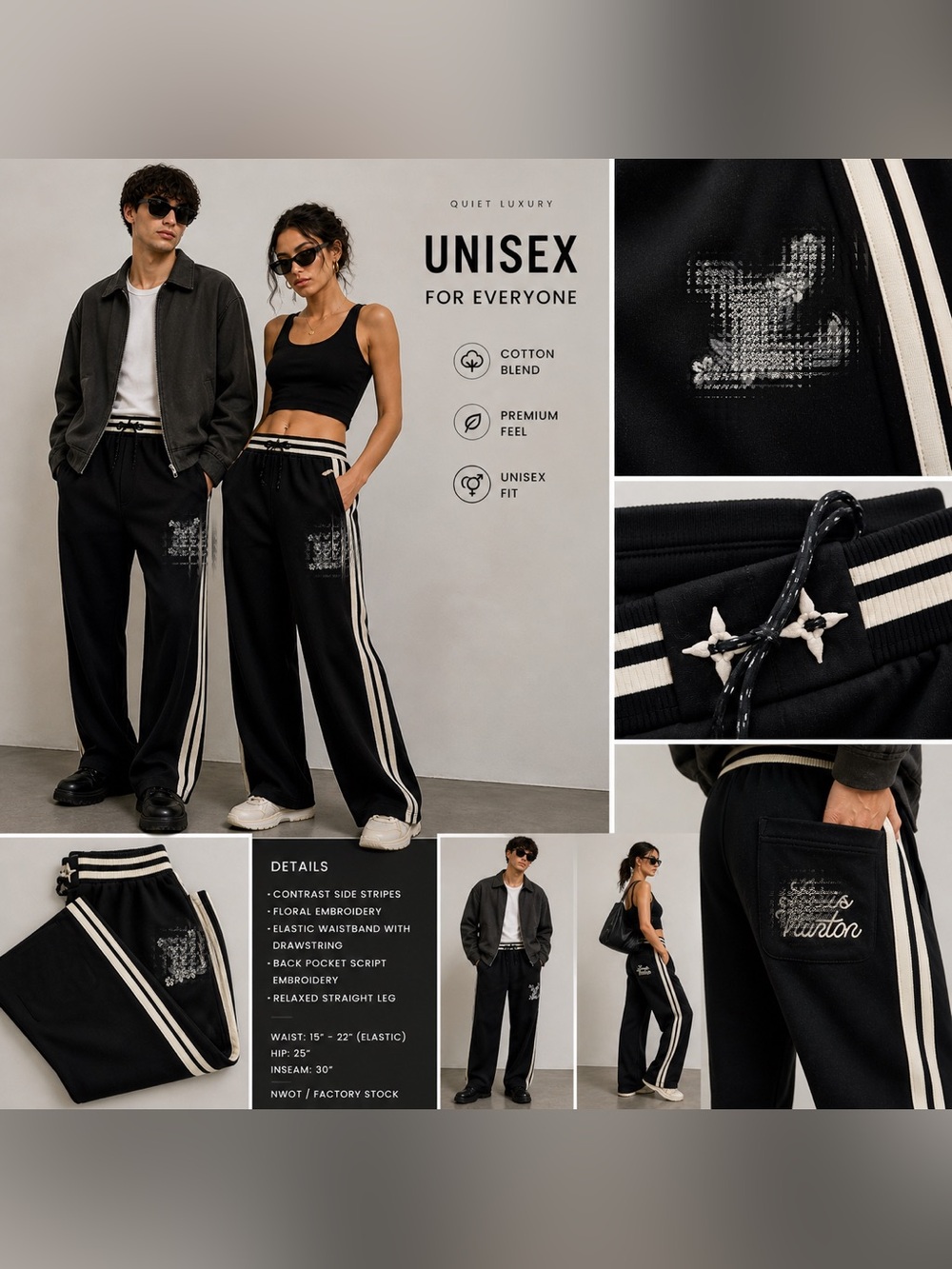 Unisex Luxury-Style Cotton Blend Track Pants | Embroidered Detail
